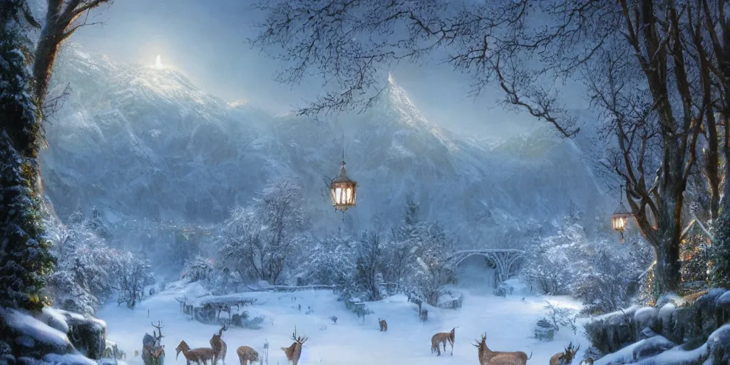 Image similar to Rivendell Christmas winter with deers, detailed matte painting, cinematic, Alan Lee, Artstation