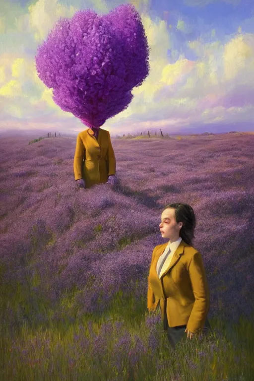 Prompt: portrait, giant lilac flower as head, black woman in suit in a heather field, surreal photography, golden hour, colorful clouds, impressionist painting, digital painting, artstation, simon stalenhag
