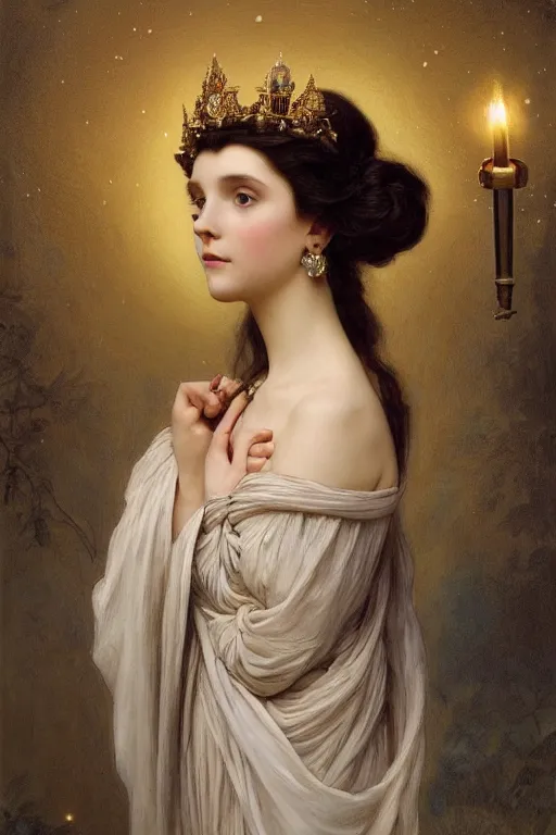 Image similar to a beautiful close - up painting of a crowned princess in a flowing gown resembling millie bobby brown watching the lantern festival in ancient london, at night with a sky full of stars, intricate, elegant, highly detailed, digital painting, artstation, concept art, by krenz cushart and artem demura and william adolph bouguereau and alphonse mucha