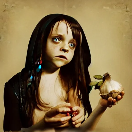 Prompt: young zombie christina ricci eating a clove of garlic, art by beeple