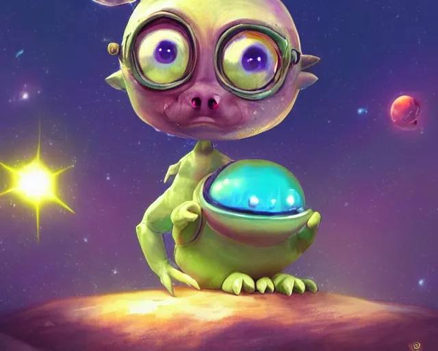 Image similar to 3D Fantasy Cute and adorable small alien piggy in space, huge adorable eyes, bright stars, Smooth 3D Illustration, soft render, Servando Lupini, Daniil Kudriavtsev, handpaint texture, Blender, 3DCoat