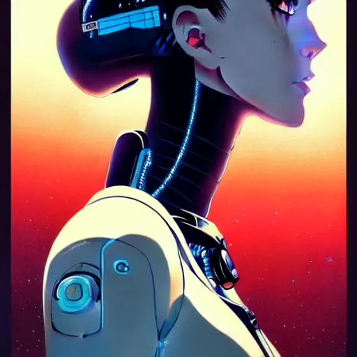 Image similar to side portrait scifi cyborg girl with robotic parts and spacesuit | | head only in center of image, audrey plaza, fine detail!! anime!! realistic shaded lighting!! poster by ilya kuvshinov katsuhiro otomo ghost - in - the - shell, magali villeneuve, artgerm, jeremy lipkin and michael garmash and rob rey