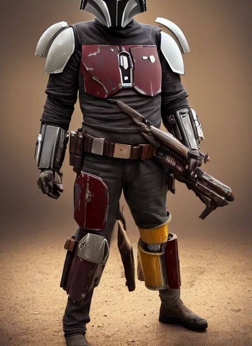 Image similar to a photorealistic dramatic hyperrealistic render of the mandalorian bounty hunter, ultra realistic details, well worn, rust, oil stains by photographer lindsay adler, beautiful dramatic dark moody tones and lighting, cinematic atmosphere, studio lighting, global illumination, shadows, dark background, octane render, 8 k