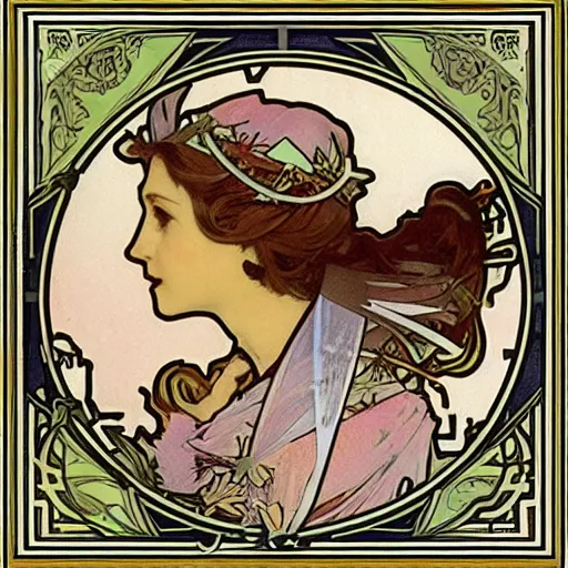 Prompt: A stamp, with Elizabeth 2. By Alphonse Mucha.