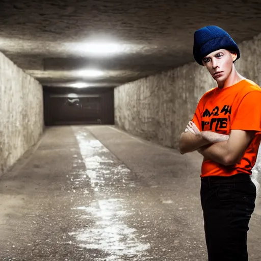 Prompt: close-up a 25 year old man wearing a black winter hat and a orange jail inmate tshirt, inside a underground facility, blue eyes, hideous, side lighting