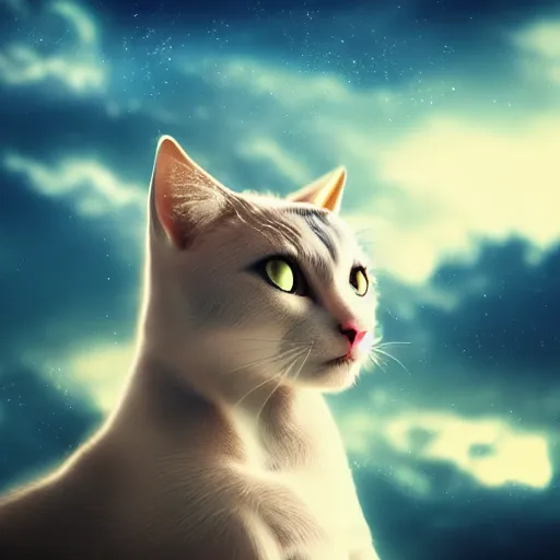 Image similar to a beautiful lady cat creature is hoping for a better future. close - up, beautiful sky, volumetric lighting, sharp focus, ultra detailed, cgsociety - w 1 0 2 4 - n 8 - i