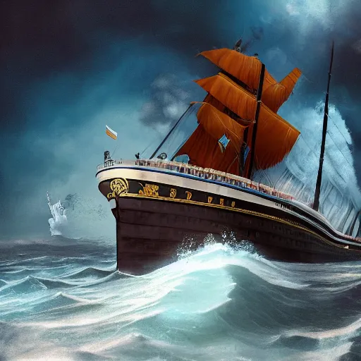 Prompt: surreal artwork of mystic pirate navigating on titanic, trending on artstation, digital concept, 8 k, ultrarealistic