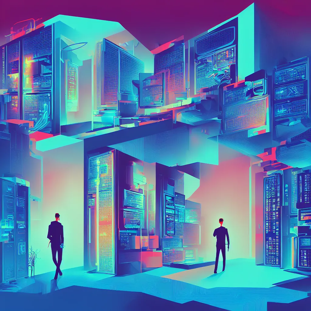 Prompt: illustration of a data-center architecture or schema, security agent, sunglasses, datastream or river, painting by Jules Julien, Leslie David and Lisa Frank and Peter Mohrbacher and Alena Aenami and Dave LaChapelle muted colors with minimalism