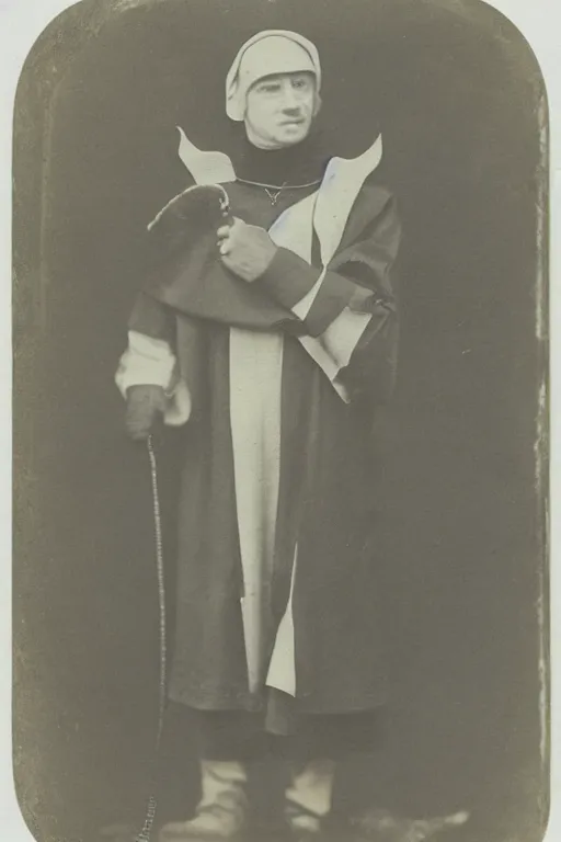 Image similar to a wet plate photo of an anthropomorphic weasel dressed as a friar