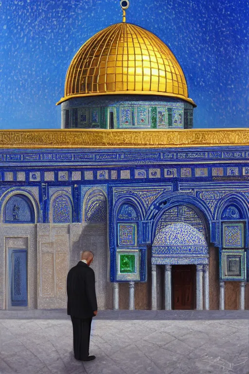 Prompt: a beautiful oil painting flyer design illustration of dome of the rock jerusalem and a man is praying to god in front of it, intricate, elegant, highly detailed, digital painting, artstation, concept art, smooth, sharp focus, illustration