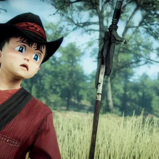 Prompt: killua dual-wielding in red dead redemption 2, cinematic shot, night time