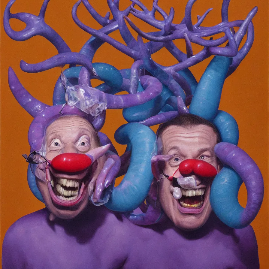 Image similar to rare hyper realistic portrait painting by chuck close, studio lighting, brightly lit purple room, a blue rubber duck with antlers laughing at a giant laughing worm with a clown mask