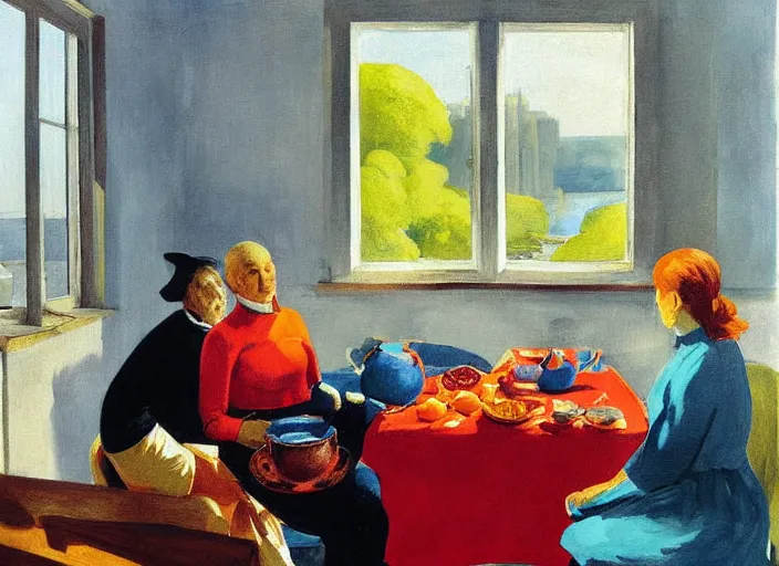 Image similar to painting, two lovers in poor shabby room, view of boat on river in window, tea pot and tea cups and bowl of oranges on table, by paula rego, by neo rauch, by edward hopper