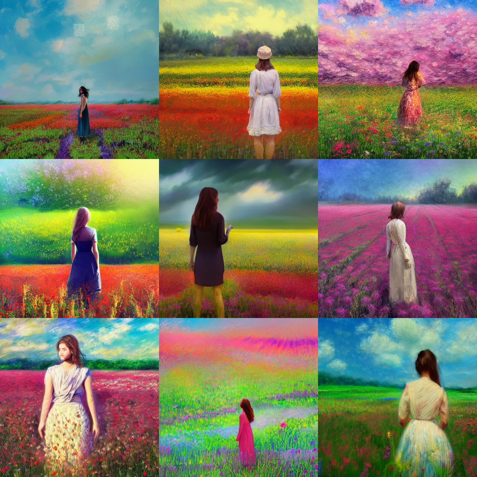 Prompt: woman standing in flower field, mattepainting, artstation, impressionism, blooming flower face