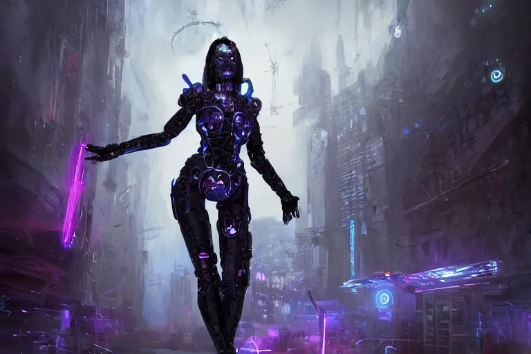 Prompt: cyborg female necromancer casting dark magic spell with holographic magic symbols in the air, highly detailed full body portrait, scifimedieval gothic cyberpunk city background, special effects, cinematic lighting, grimdark atmosphere, sparks, energy shield, highly detailed, futuristic street, foggy weather, masterpiece, trending on artstation, art by eddie mendoza