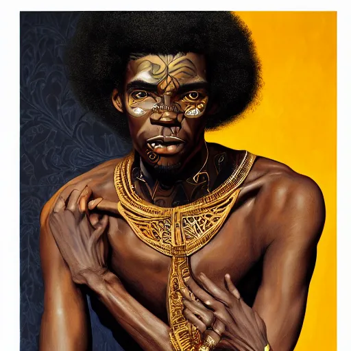 Prompt: a professionally painted african male model , clothed in ancient gothic street wear, dark skin, reddish gold hair, beautiful bone structure, symmetrical features, stunningly, beautiful, intricate, elegant, digital painting, smooth, sharp focus, illustration, made by Kehinde Wiley, Kara Walker, Jacob Lawrence, Sam Gilliam, Edmonia Lewis,