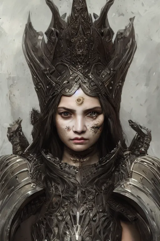 Prompt: ne stylised woman , fair skin, big eyes, long black hair, no bangs, wearing sculpted textured armour, closes her eye, battle damage, intricate complexity, close-up of the front of the face, resolute expression, back lighting, 4K resolution, symmetric, clear facial features, by Ruan Jia and Mandy Jurgens and William-Adolphe Bouguereau, Karol Bak, smooth, sharp focus, rich deep colors, digital render, intricate, ultra realistic, concept art