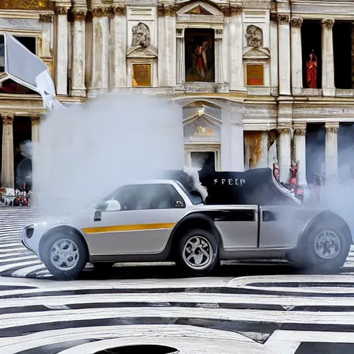 Image similar to a stunning award-winning photo of the Pope doing a sick drift in the pope mobile on St. Peter's square, dark tire marks, gray smoke coming out of the tires, very high quality, extremely detailed