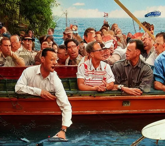 Image similar to Tom hanks as forrest gump sitting in a giant shrimp boat, majestic beautiful world, digital art, amazing detail, artstation, in the style of norman rockwell