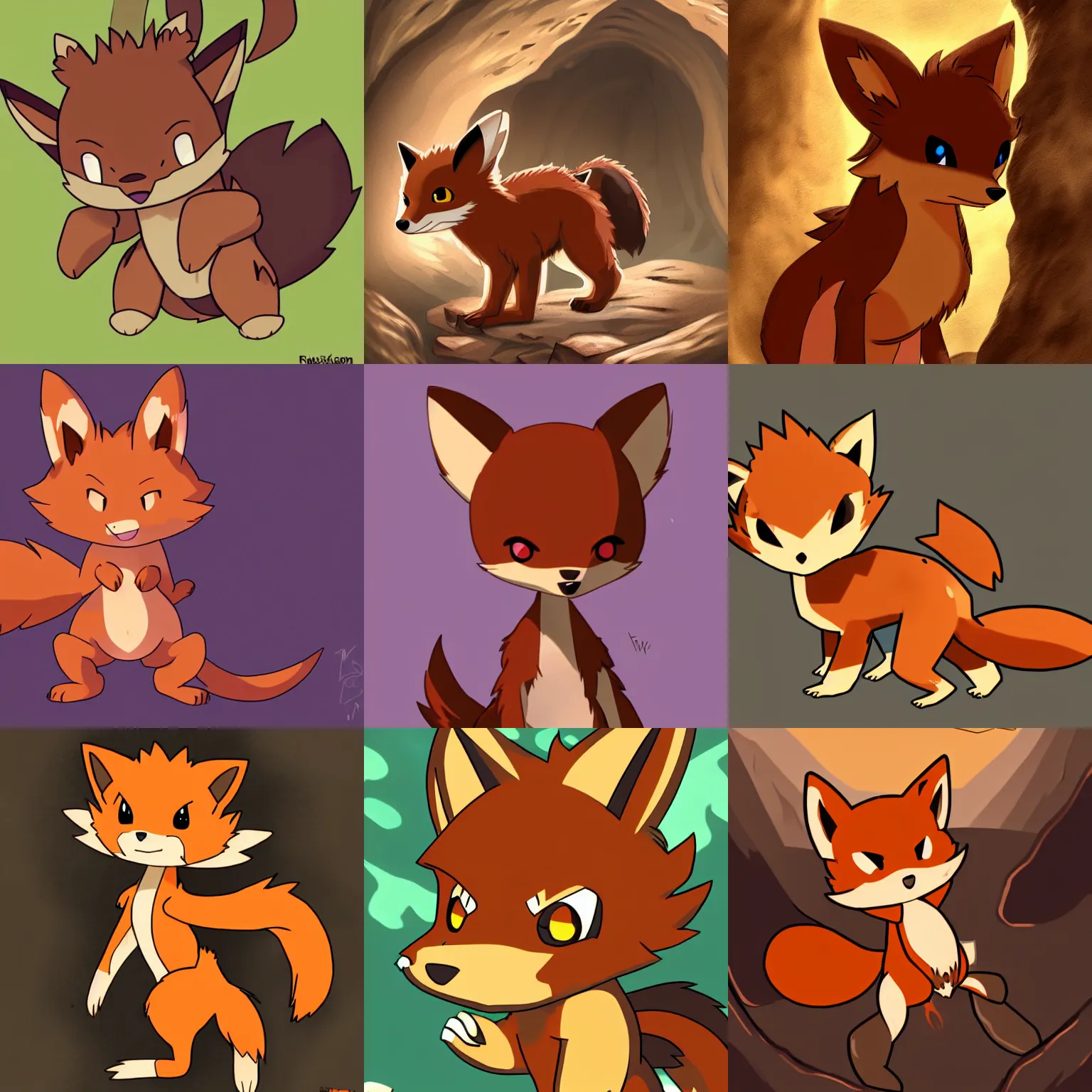 Prompt: a tiny brown fox exploring a large cave, water, Pokemon fanart, brown fur, cute, detailed fur, furaffinity