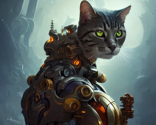 Image similar to a cyborg cat, deep focus, d & d, fantasy, intricate, elegant, highly detailed, digital painting, artstation, concept art, matte, sharp focus, illustration, hearthstone, art by artgerm and greg rutkowski and alphonse mucha