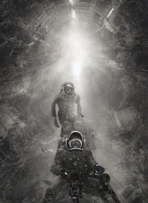Image similar to astronauts in dark and empty void underwater - complex and hyperdetailed technical suit. reflection and dispersion materials. rays and dispersion of light. volumetric light. 5 0 mm, f / 3 2. noise film photo. flash photography. ultra realistic, wide angle. poster by wayne barlowe, hajime sorayama aaron horkey, craig mullins