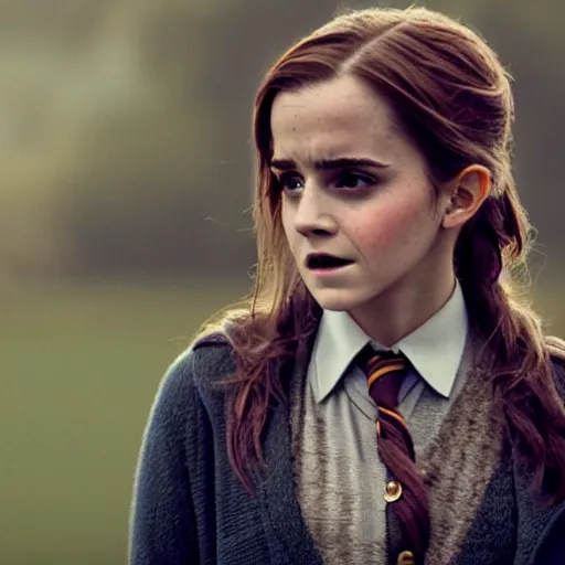 Image similar to film still. photograph. screenshot. emma watson as harry potter. extremely detailed. during golden hour. 4 k.