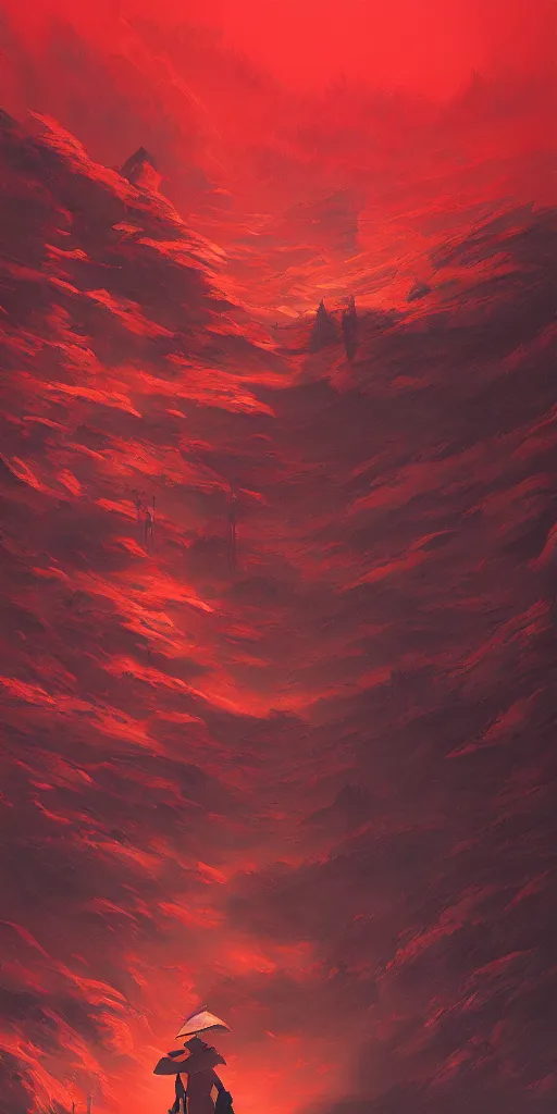 Image similar to the red samurai!!! a highly detailed cinematic oil painting by roger dean and alena aenami, dynamic lighting