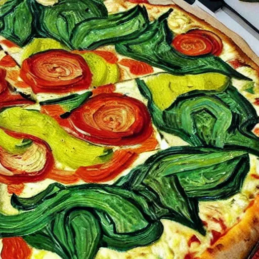 Prompt: detailed vegetable pizza painting by van gogh