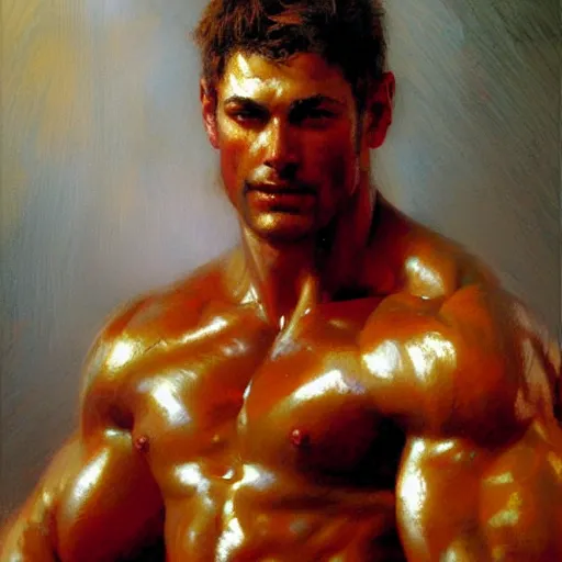 Image similar to greek god, muscular, red and gold, detailed face, thighs, painting by Gaston Bussiere, Craig Mullins