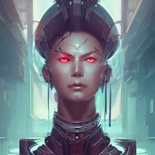 Image similar to portrait of a cybernetic samurai, cyberpunk concept art by pete mohrbacher and artgerm and wlop and greg rutkowski and deathburger, digital art, highly detailed, intricate, sci-fi, sharp focus, Trending on Artstation HQ, deviantart, unreal engine 5, 4K UHD image