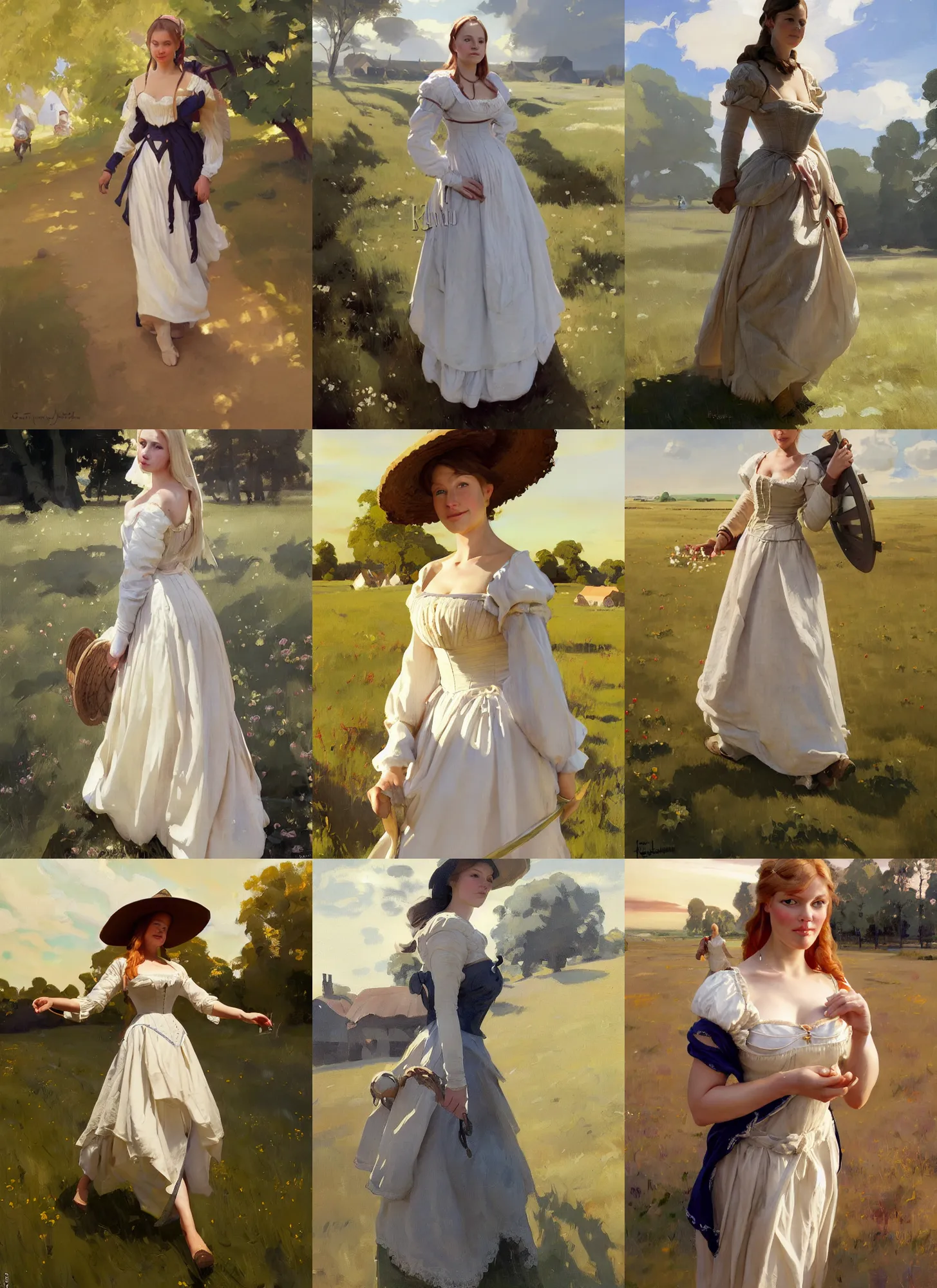 Image similar to finnish norwegian swedish scandinavian attractive glamour model as a village maiden wearing 1 7 th century bodice with low neckline walking in the field in a sunny day, jodhpurs greg manchess painting by sargent and leyendecker, studio ghibli fantasy medium shot asymmetrical intricate elegant matte painting illustration hearthstone, by greg rutkowski by greg tocchini by james gilleard