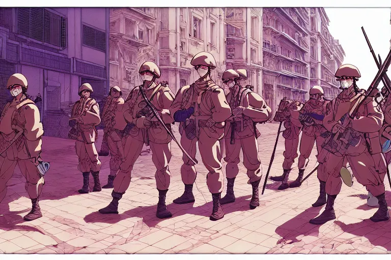 Image similar to cel shaded study of a group of soldiers in a late renaissance city, key visual with intricate linework, in the style of moebius, ayami kojima, 90's anime, retro fantasy