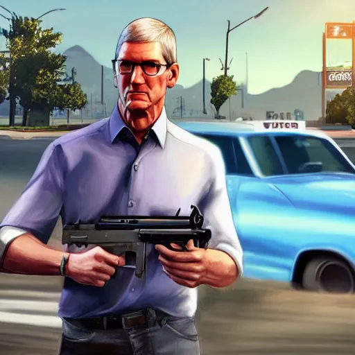 Prompt: tim cook in gta v, cover art by stephen bliss, boxart, loadscreen