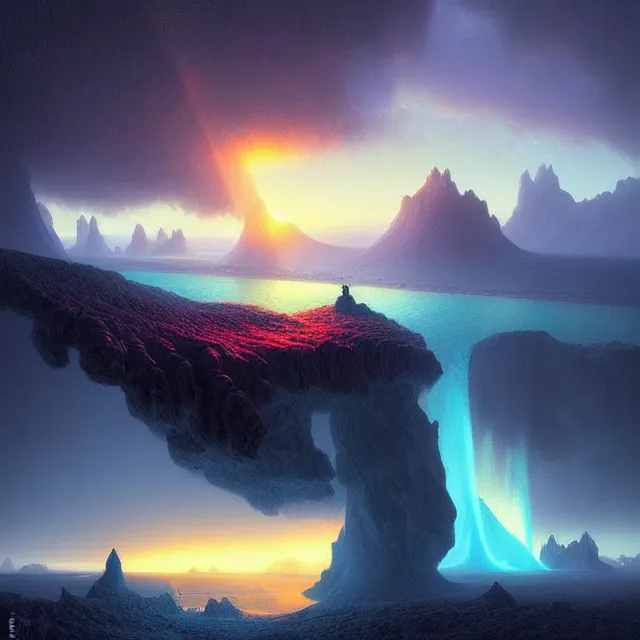 Image similar to fantasy aerial iceland landscape is seen inside the human eye!!!!!, volumetric lighting, colorful, sharp and focus, ultra detailed, beautifully lit landscape, astrophotography, in the art style of dan mumford, ivan aivazovsky and marc simonetti