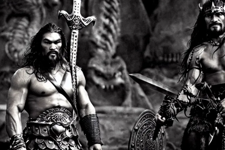 Image similar to 7 0 mm film still from conan the barbarian, jason momoa as conan holding a giant sword with both hands above his head wearing ornate dragon armor, in the wet catacombs of skulls and snakes, cinematic, volumetric lighting, mist, wet skin and windblown hair, muscular!!!, heroic masculine pose, ridley scott