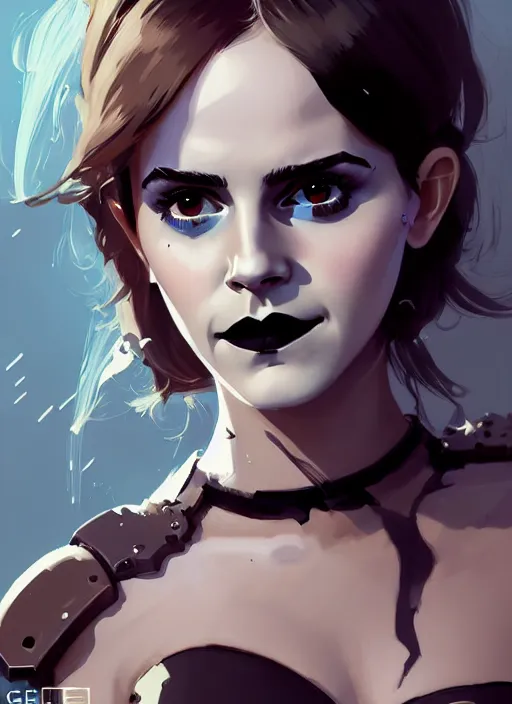 Prompt: portrait of cute goth emma watson in cyber bikini armor, warhammer, cyberpunk, by atey ghailan, by greg rutkowski, by greg tocchini, by james gilleard, by joe fenton, by kaethe butcher, by gustav klimt, dynamic lighting, gradient light blue, brown, blonde cream and white color in scheme, grunge aesthetic