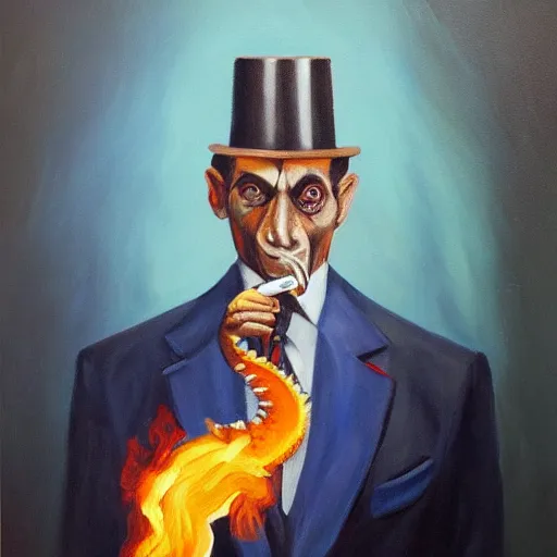 Prompt: oil painting of a dragon wearing a suit and smoking a cigar