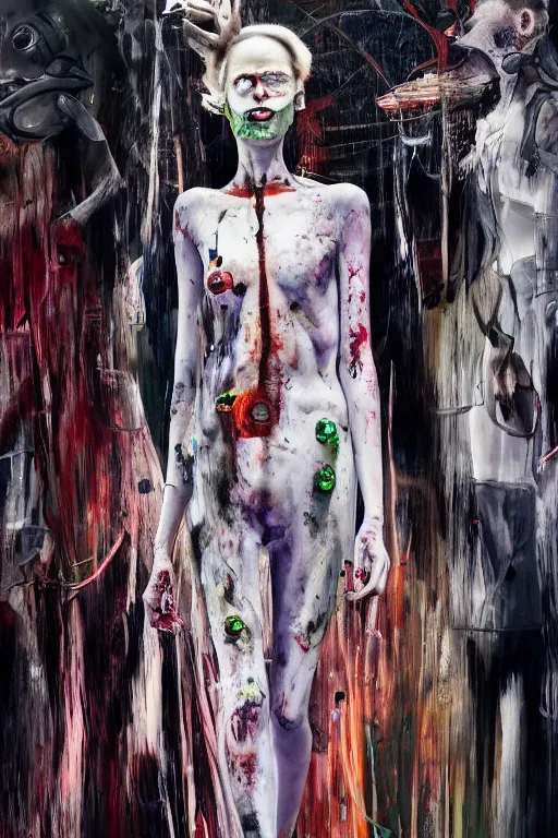 Image similar to crazy fashion catwalk, one model, crazy clothes, biopunk style, horror, hauntingly surreal, highly detailed painting by francis bacon, edward hopper, adrian ghenie, gerhard richter, and james jean soft light 4 k,