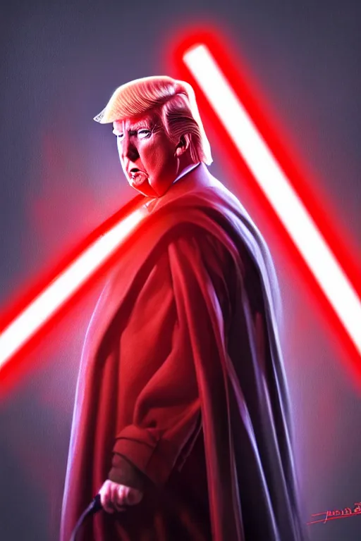 Image similar to Donald Trump as a Sith from Star Wars, red light saber, realistic portrait, symmetrical, highly detailed, digital painting, sharp focus, cinematic lighting