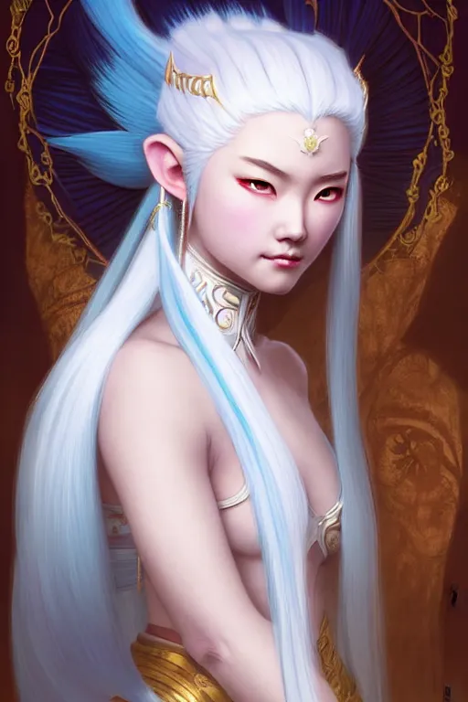 Image similar to Princess Yue with white hair from avatar the last airbender, fantasy, intricate, elegant, highly detailed, digital painting, artstation, concept art, matte, sharp focus, illustration, art by Artgerm and Greg Rutkowski and Alphonse Mucha