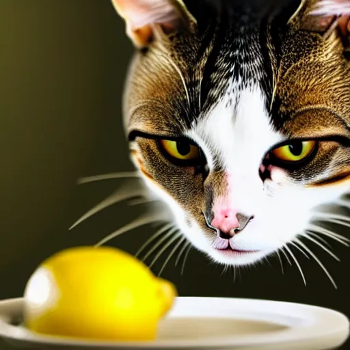 Prompt: a cat eating a lemon in disgust, photorealistic, 4K