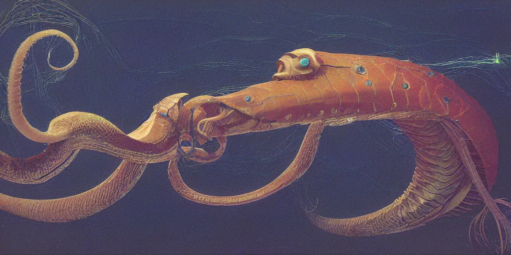 Image similar to angry, screaming robotic nautilus snake squid, made of neon light, volumetric lighting, by caspar david friedrich and wayne barlowe and ted nasmith