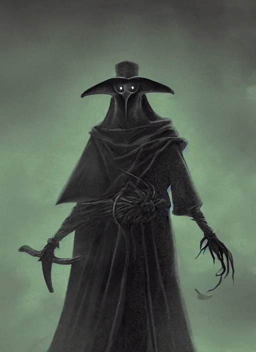 Image similar to a highly detailed illustration of plague doctor mask wearing woman, wearing black robe, eerily floating with cape in the wind pose, surrounded by green mist background, intricate, elegant, highly detailed, centered, digital painting, artstation, concept art, smooth, sharp focus, league of legends concept art, WLOP