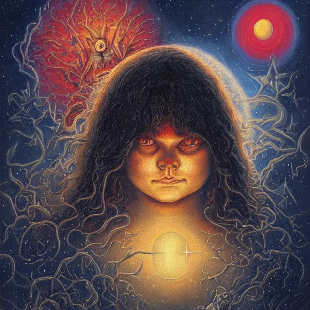 Image similar to a painting of the starchild by johfra bosschart, dark fantasy art, high detail, trending on artstation
