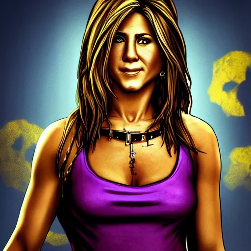 Prompt: jennifer aniston portrait, borderlands, tales from the borderlands, the wolf among us, comic, cinematic lighting, studio quality, 8 k