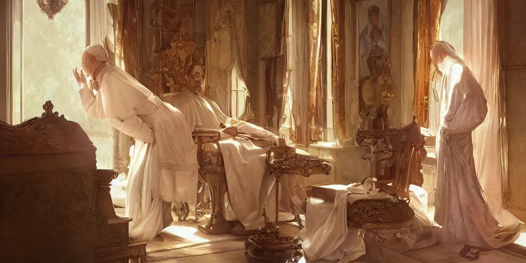 Image similar to photography of a pope making touching a sensual woman in a bedroom, deep focus, intricate, elegant, highly detailed, digital painting, artstation, concept art, matte, sharp focus, illustration, art by artgerm and greg rutkowski and alphonse mucha