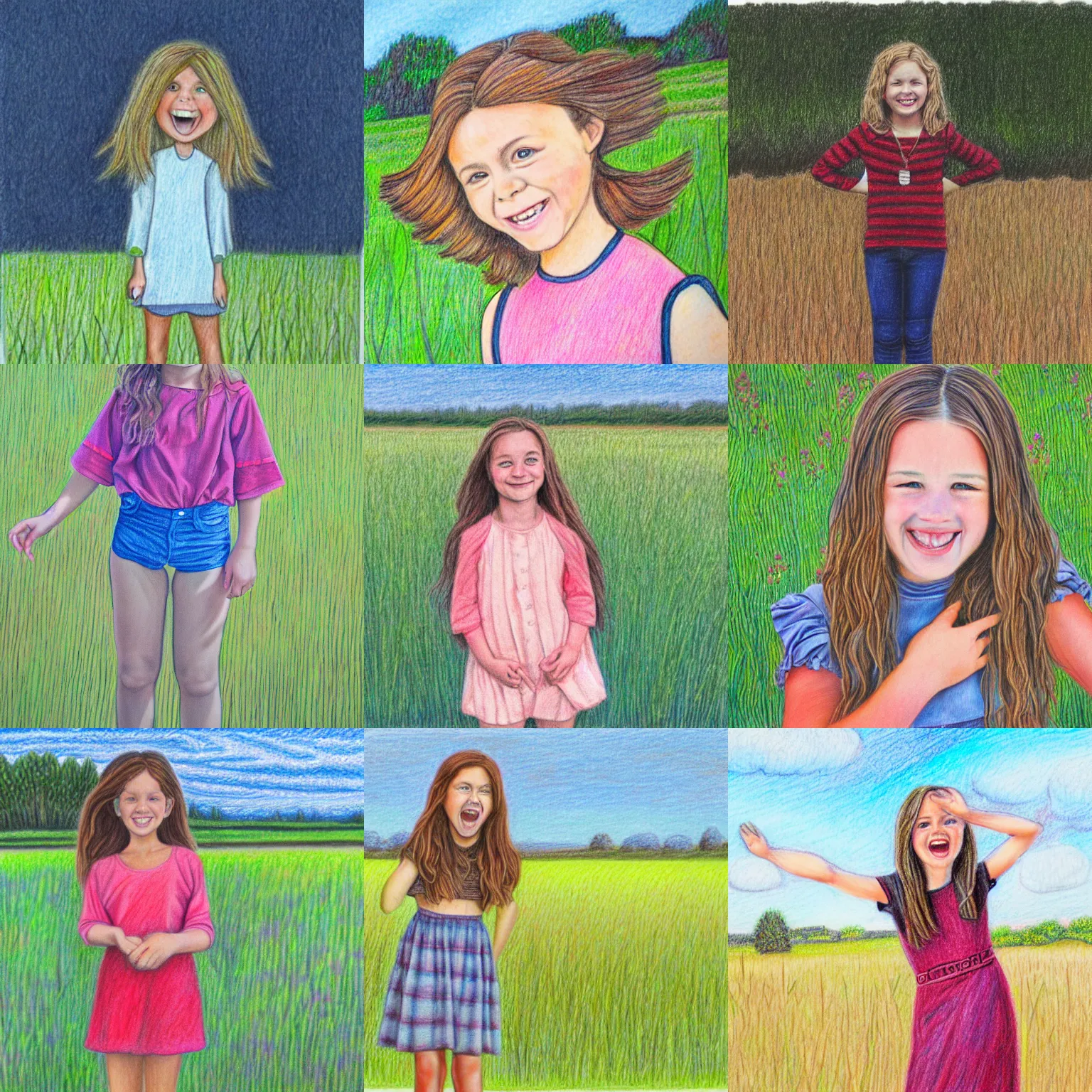 Prompt: portrait colored pencil drawing of excited girl standing in field looking at camera.