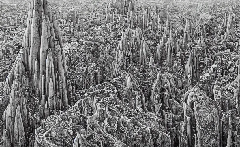 Prompt: a pencil sketch of heavenly city with lush walkways, beautiful bioarchitecture design by kedem pitsou, m. c. escher, gaudi sagrada familia, and bisti badlands, emerald gold and beksinski, highly detailed, bokeh, beautiful, artstation