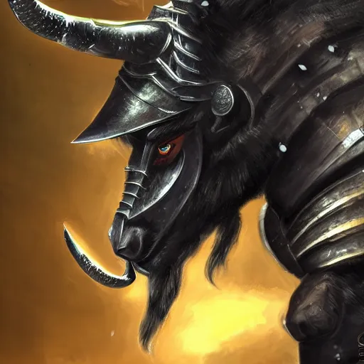 Image similar to close up portrait of a black haired Minotaur in plate armor, concept art, fantasy painting